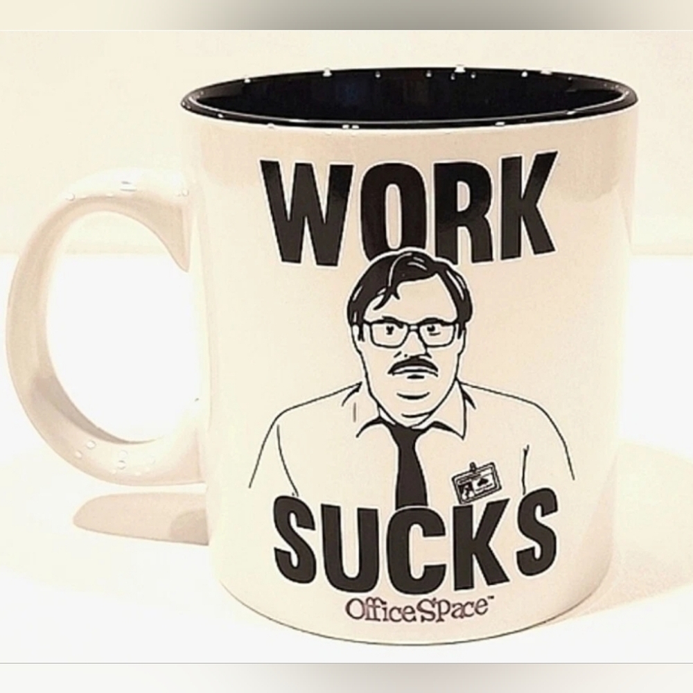 Office Space WORK SUCKS 20oz Cup Milton Waddams Coffee Mug Ceramic NEW